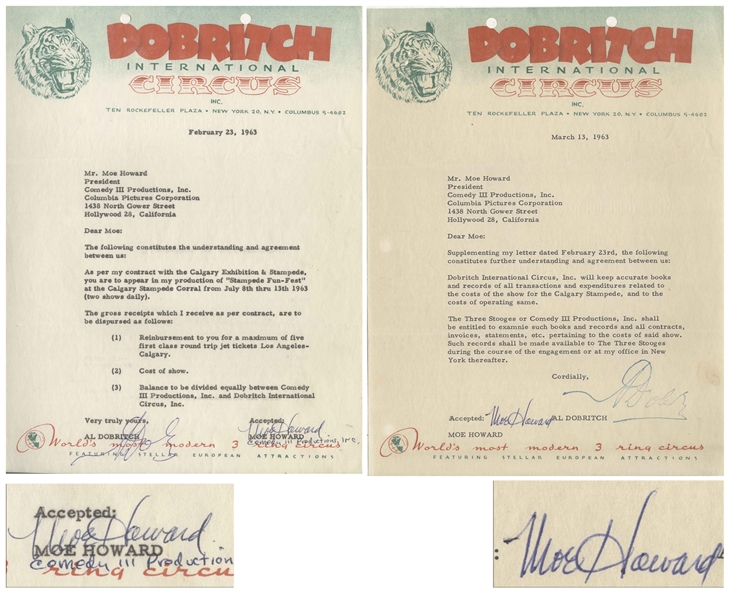 Two 1963 Agreements Signed by Moe Howard Regarding an Appearance by The Three Stooges at the Stampede Fun-Fest in Calgary -- Both Measure 8.5 x 11, Very Good Condition